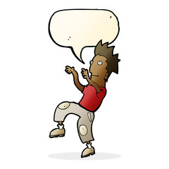 cartoon happy man doing funny dance with speech bubble