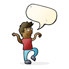 cartoon happy man doing funny dance with speech bubble
