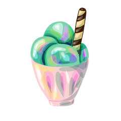 Pistachio ice cream in a bowl with the chocolate tube