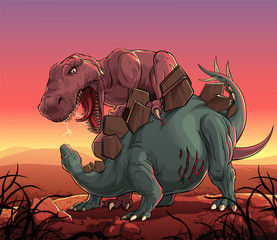 Fight of two big dinosaurs — tyranosaur and stegosaur.  © denzorr