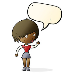 cartoon waving woman with speech bubble