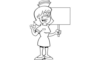 Black and white illustration of a nurse holding a sign.