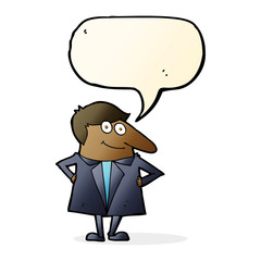 cartoon happy man in suit with speech bubble