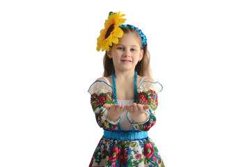 Fototapeta na wymiar girl in the national Ukrainian costume with sunflower on his hea