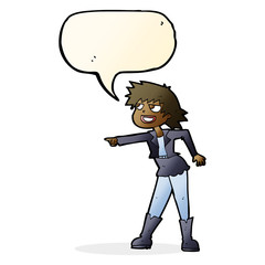 cartoon woman pointing with speech bubble