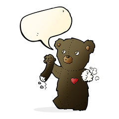 cartoon teddy black bear with torn arm with speech bubble
