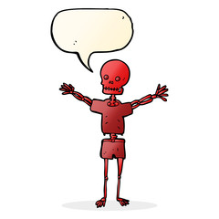 cartoon skeleton in clothes with speech bubble