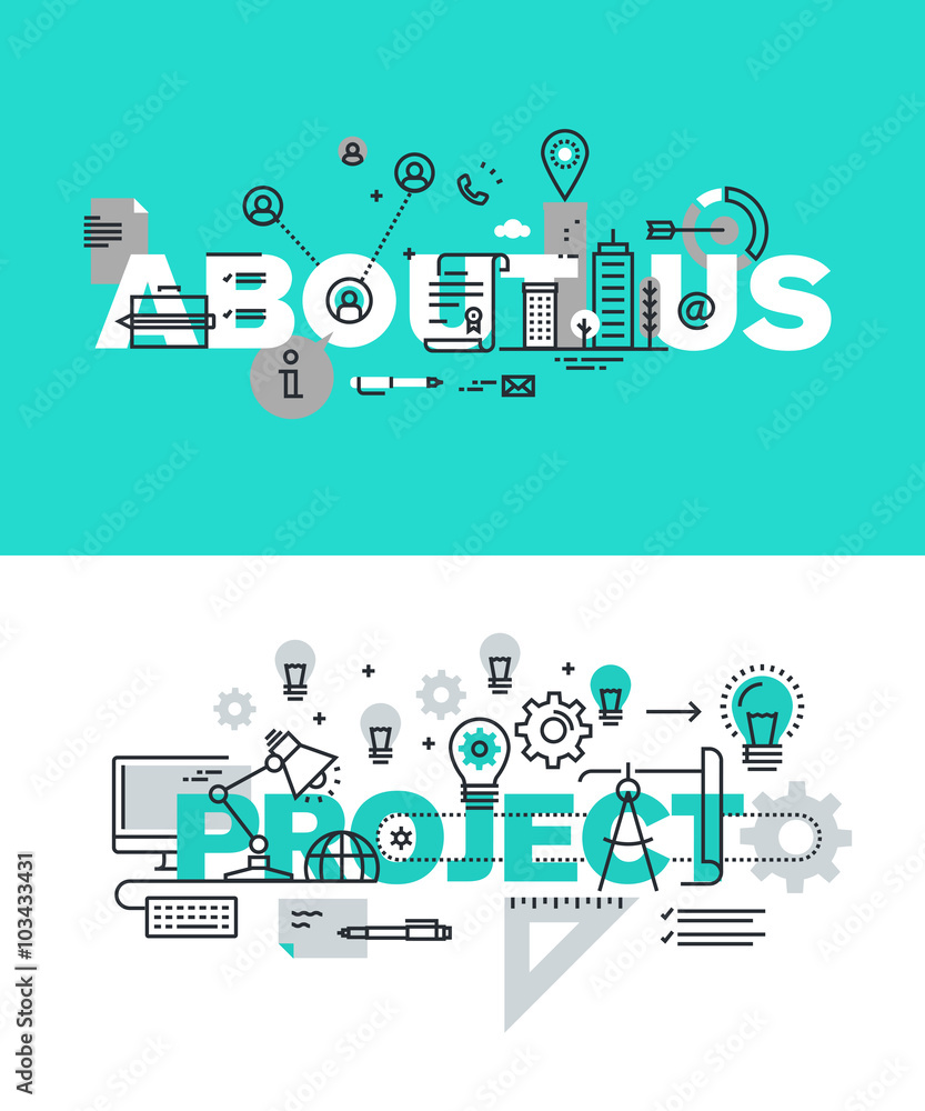 Poster set of modern vector illustration concepts of words about us and project. thin line flat design bann
