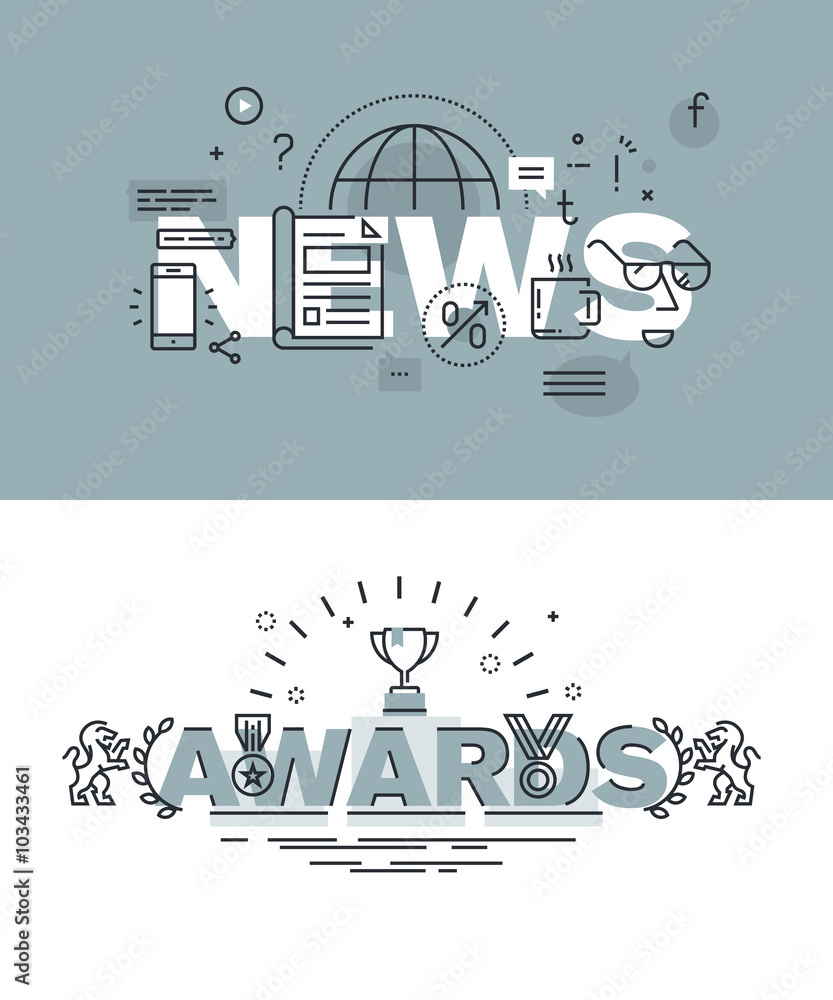 Aufkleber set of modern vector illustration concepts of words news and awards. thin line flat design banners f