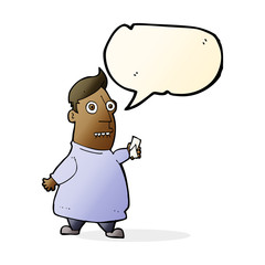 cartoon nervous man with tickets with speech bubble