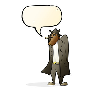 recommend clip art: cartoon man in hat and trench coat with speech bubble