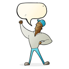 cartoon man striking heroic pose with speech bubble