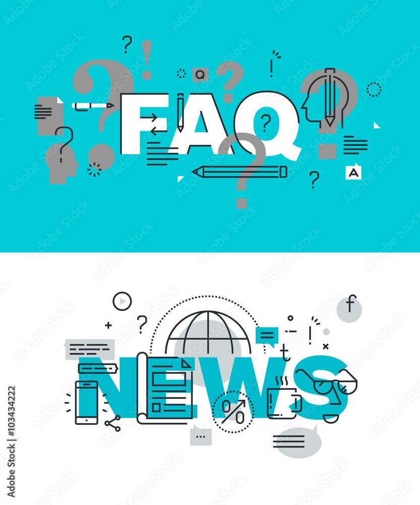 Poster set of modern vector illustration concepts of words faq and news. thin line flat design banners for 