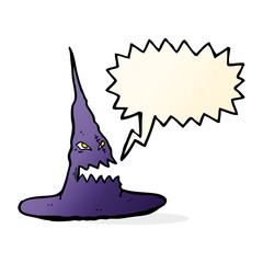 cartoon spooky witches hat with speech bubble