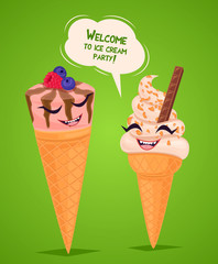Funny ice creams talk to each other. Frozen desserts. Vector illustration.