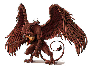 Griffin in forest.     Griffin a mythological monster in mistery dark forest.   © denzorr