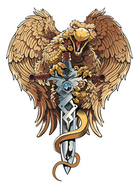 Griffon with sword. Heraldic design element.