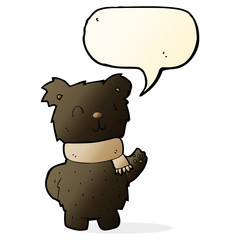 cartoon waving black bear with speech bubble