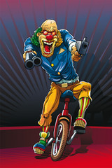 Mad clown killer on monobike with guns in hands. This lad really psichopath.  © denzorr
