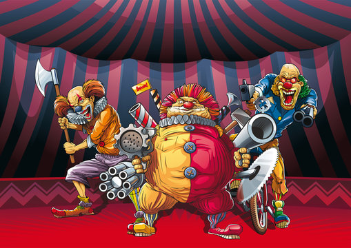 Mad clowns killers with many guns, axe, meat grinder and circular saw in hands. 