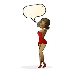 cartoon attractive woman in short dress with speech bubble