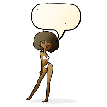 cartoon woman in bikini with speech bubble