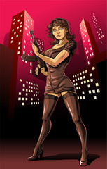 Criminal woman from mafia clan stay on the street with machine gun in hand.