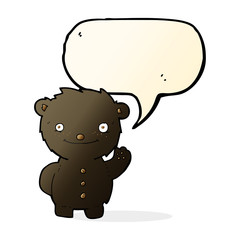 cartoon waving black bear with speech bubble