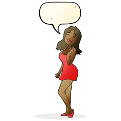 cartoon pretty woman in cocktail dress with speech bubble