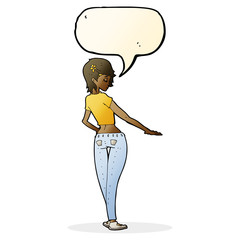 cartoon pretty girl in jeans and tee with speech bubble