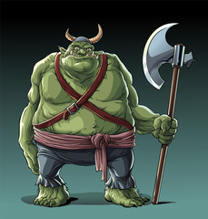 Big fat troll with axe in standing pose. - obrazy, fototapety, plakaty