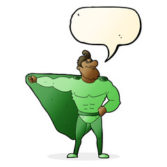 funny cartoon superhero with speech bubble