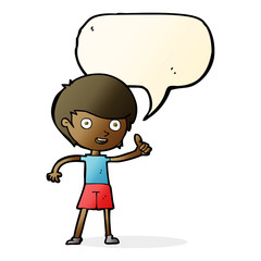 cartoon boy giving thumbs up symbol with speech bubble