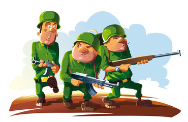 Platoon of three soldiers.
Three armed soldier go on enemy territory. They are look around and very careful.