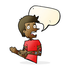 cartoon man with tattoos with speech bubble