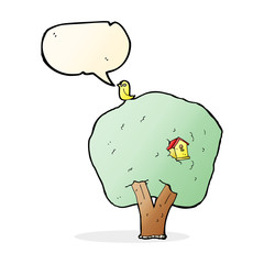 cartoon tree with birdhouse with speech bubble