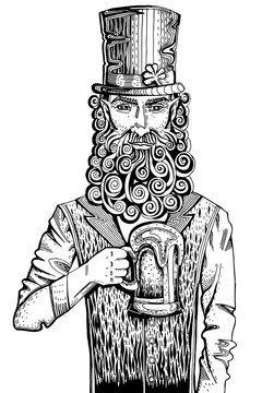 Leprechaun with beer, engraving