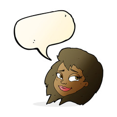 cartoon happy female face with speech bubble