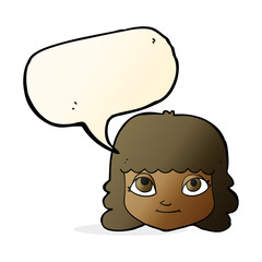 cartoon happy female face with speech bubble