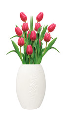 Bouquet of pink tulips in white vase isolated on white backgroun