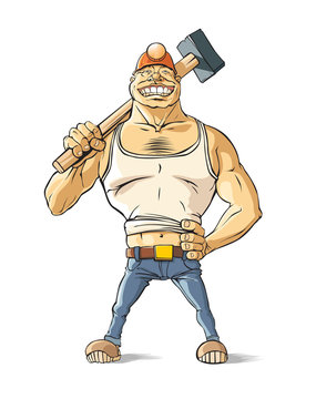 Worker with hammer 2

Strong big worker in helmet and with hammer in hands.
