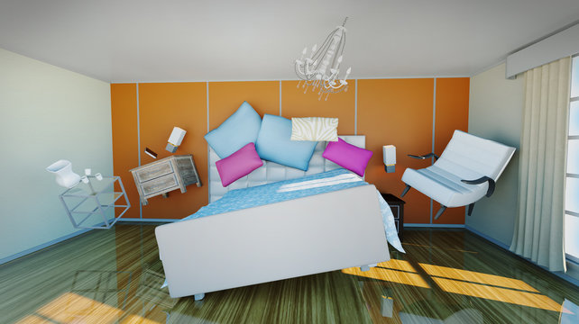 zero gravity bed hovering in living room with furniture 3d rendering