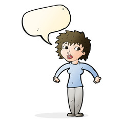 cartoon woman shrugging shoulders with speech bubble