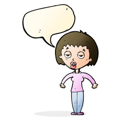 cartoon woman shrugging shoulders with speech bubble