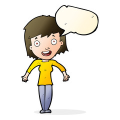cartoon woman shrugging shoulders with speech bubble