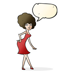 cartoon woman posing in dress with speech bubble