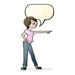 cartoon woman pointing with speech bubble
