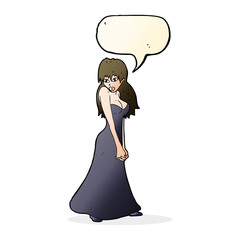 cartoon pretty woman in dress with speech bubble