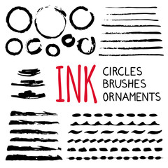 Ink circles, brushes and ornaments. Hand painted with ink. Graphic design element for web sites, stationary printables, fabric, scrapbooking etc.