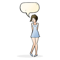 cartoon pretty woman in dress with speech bubble